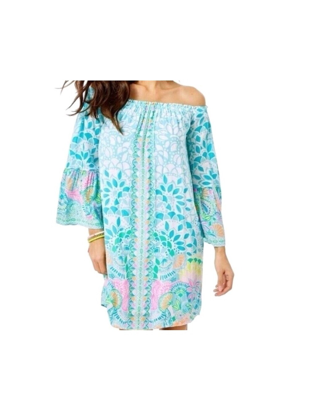Lilly Pulitzer Off The Shoulder Dress XL Bell Sleeve Beach Shell Floral NEW